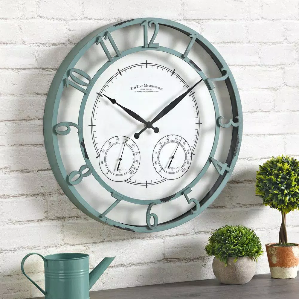 FirsTime 18 in. Laguna Round Outdoor Wall Clock with Thermometer and Hygrometer - Aged Teal
