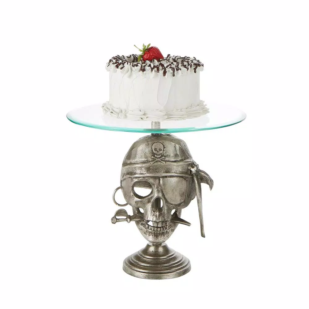 Mind Reader The Mind Reader 12 in. Silver Iron Pirate Head Cake Stand with Glass Top