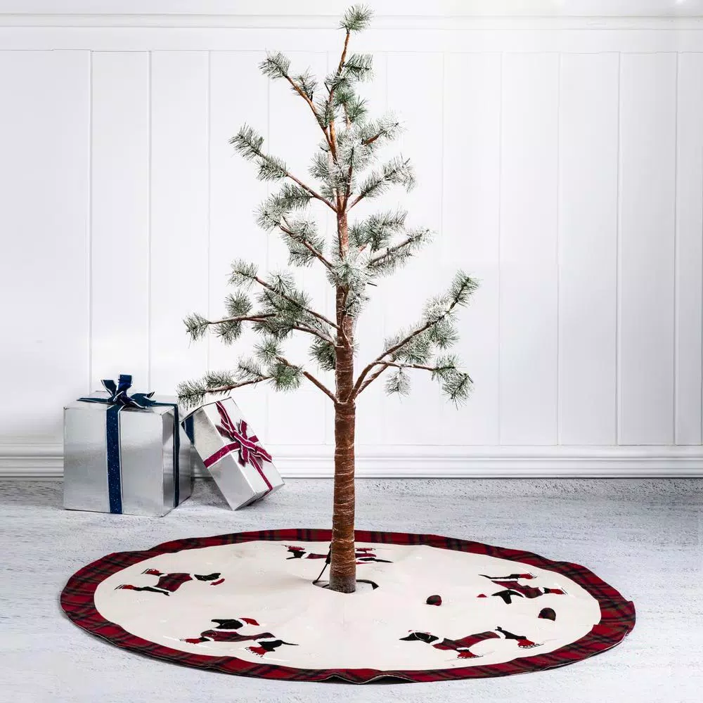 Glitzhome 48 in. Dachshund Embroidered Fabric Christmas Tree Skirt with Red Plaid Edge