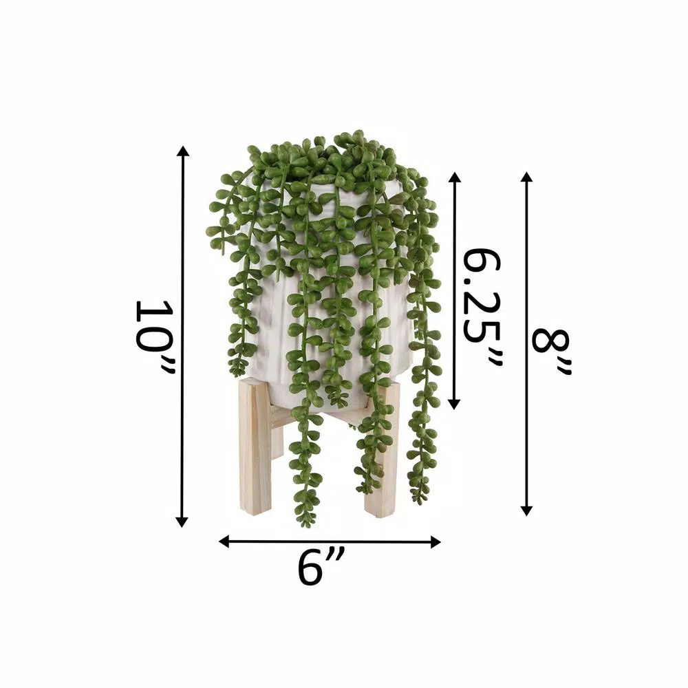 Flora Bunda 10 in. Faux Donkey Tail Succulent in White Ceramic Planter with Wood Stand