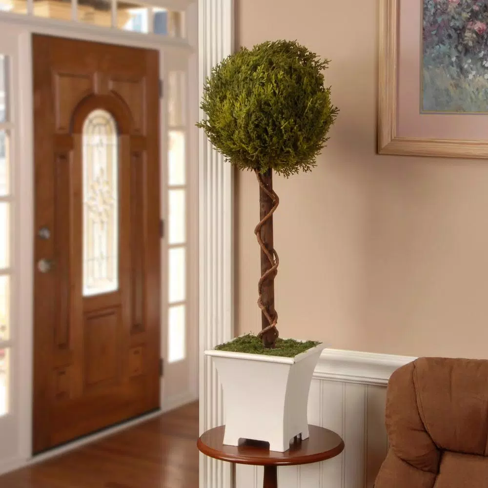 National Tree Company 30 in. Artificial Evergreen Topiary Tree with White Metal Pot