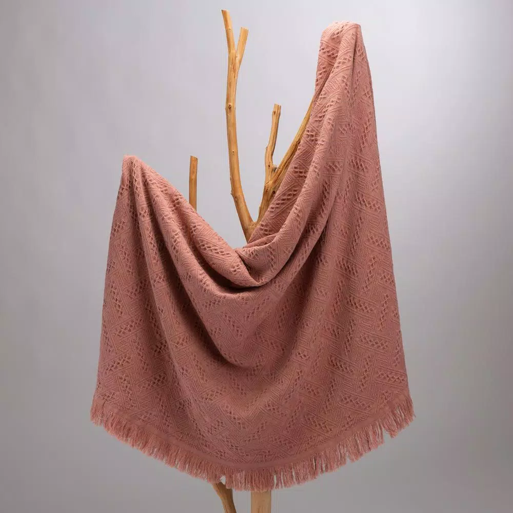 Glitzhome Coral Pink Grid Cotton Woven Throw Blanket with Tassel Trim