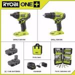 RYOBI 18V ONE+ Cordless 2-Tool Combo Kit with (2) 1.5Ah Batteries, Charger, Bag & 70-Piece Impact Rated Driving Kit thumbnail 2