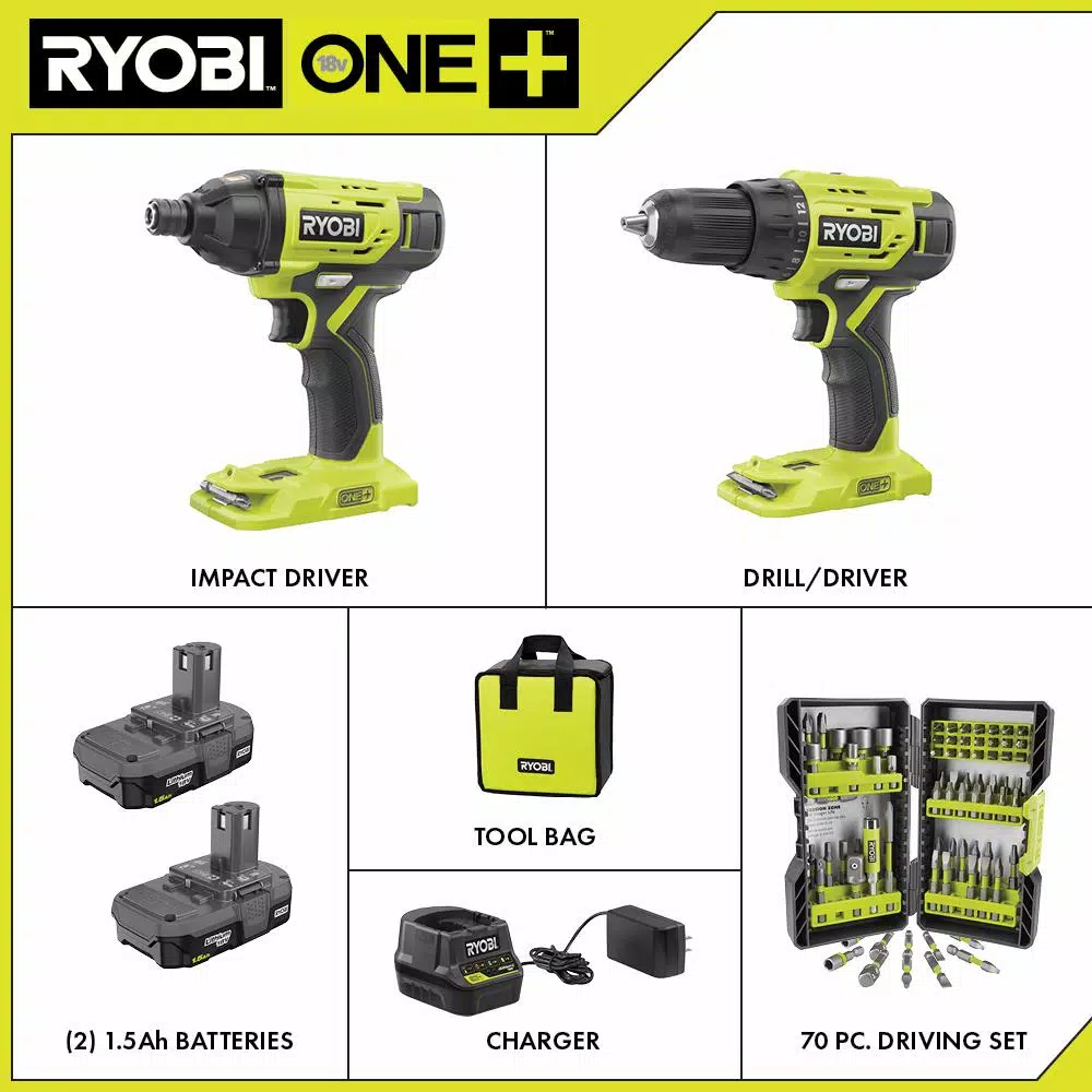 RYOBI 18V ONE+ Cordless 2-Tool Combo Kit with (2) 1.5Ah Batteries, Charger, Bag & 70-Piece Impact Rated Driving Kit