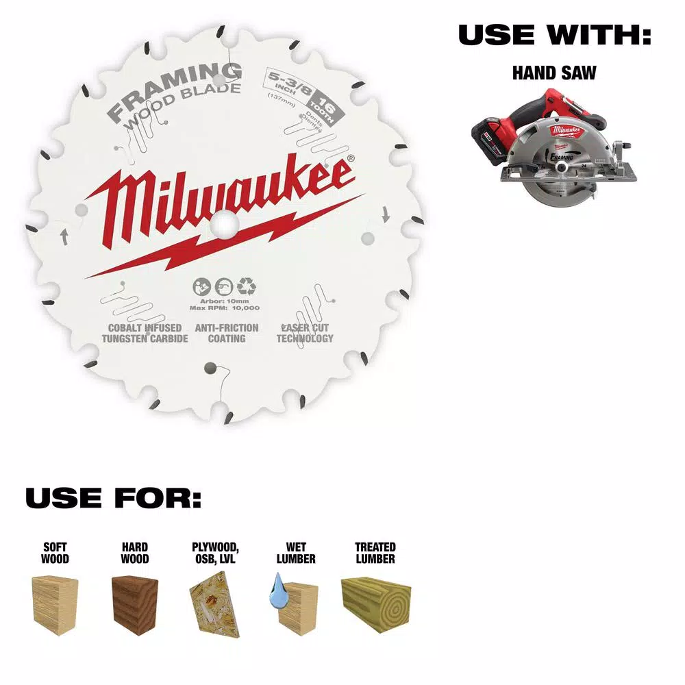 Milwaukee 5-3/8 in. 16-Tooth Framing Circular Saw Blade, Thin Kerf