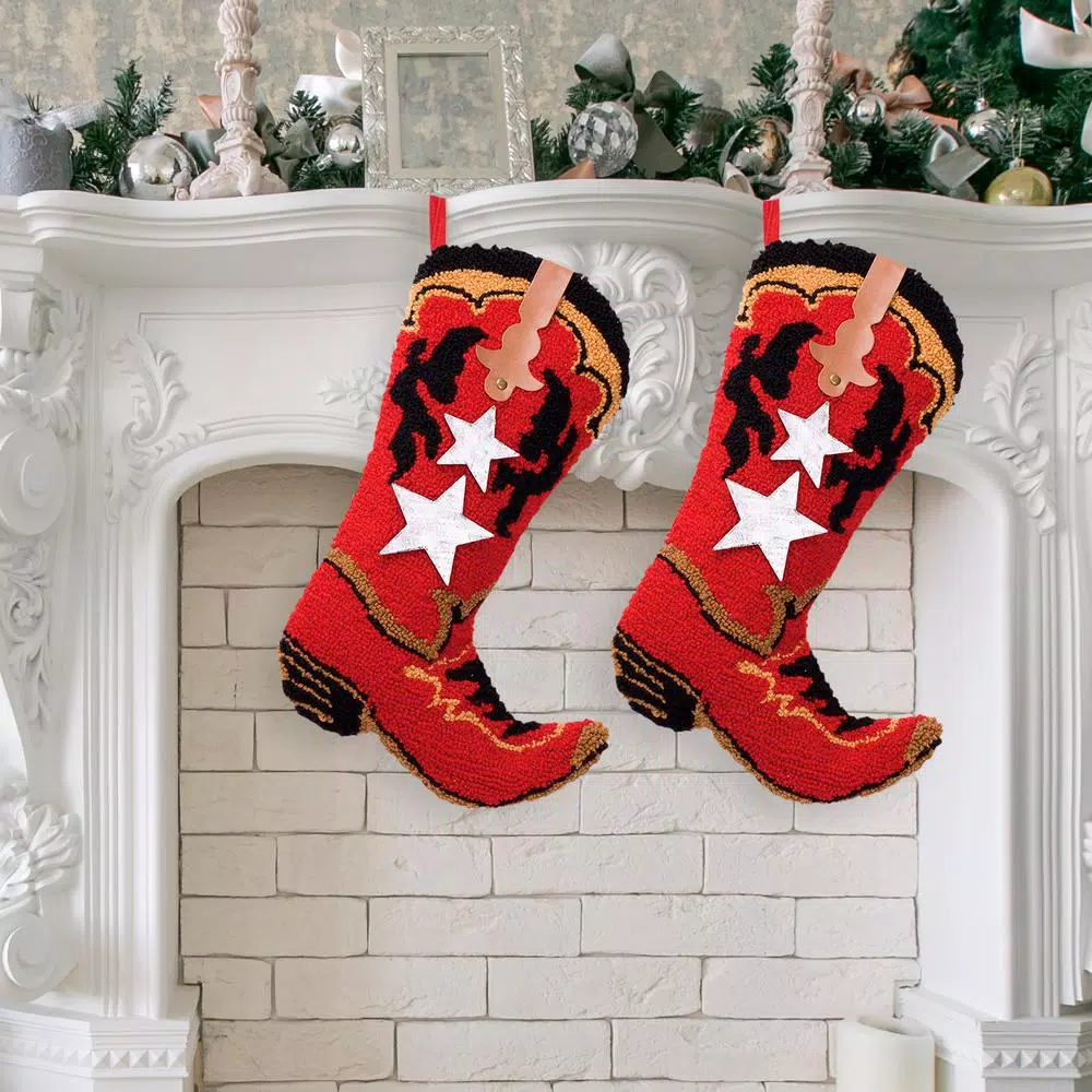 Glitzhome Red Boot Hooked Polyester Christmas Stockings, 19.69 in. (2-Pack)