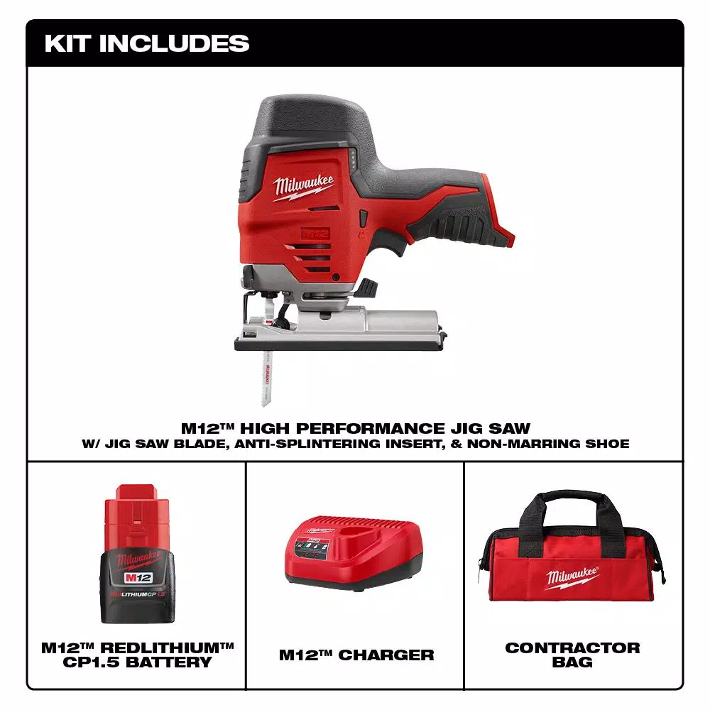 Milwaukee M12 12V Lithium-Ion Cordless Jig Saw Kit with 1.5 Ah Battery, Charger, and Tool Bag