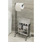 Basicwise Black Metal Toilet Paper Holder and Magazine Rack, Freestanding Dual-Purpose Bathroom Storage thumbnail 2