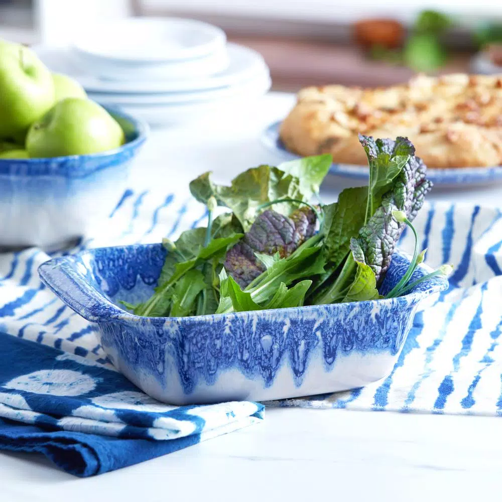 Libbey Artisan Square Stoneware Bake Dish, 2qt Ceramic Baker, Blue and White