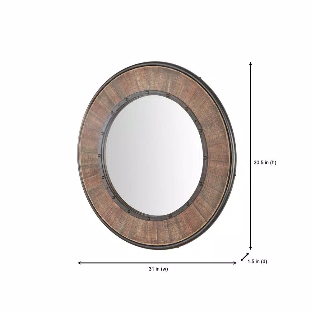 Home Decorators Collection 31 in. Round Farmhouse Accent Mirror with Distressed Wood Finish