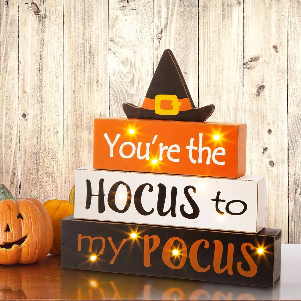Glitzhome 11.54 in. LED Lighted Halloween Wooden Word Block Decor - Hocus Pocus Sign