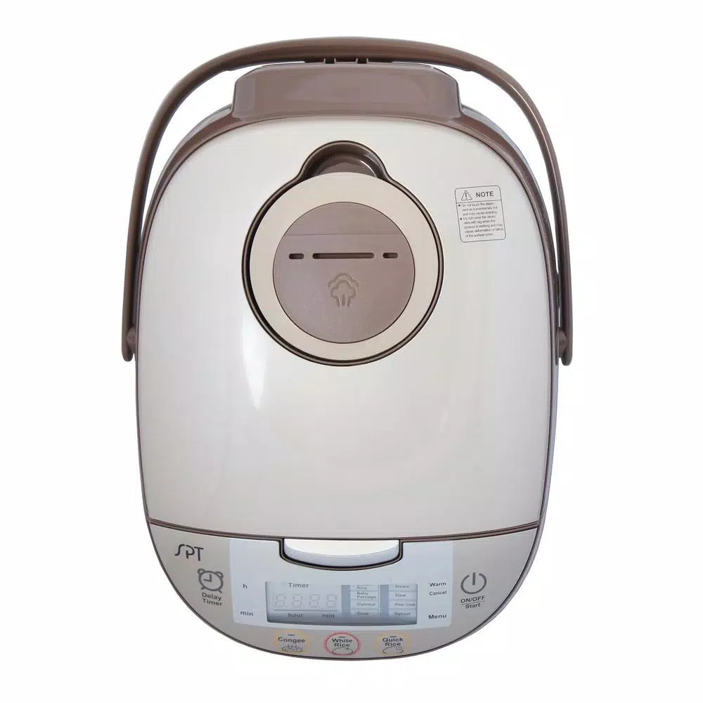 SPT 8-Cup Beige Smart Rice Cooker with Steam Basket and Built-In Timer