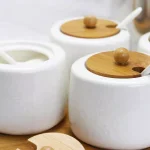 Elama Ceramic Condiment Jar Set with Bamboo Lids, Serving Spoons & Tray - 13 Piece White Set thumbnail 2