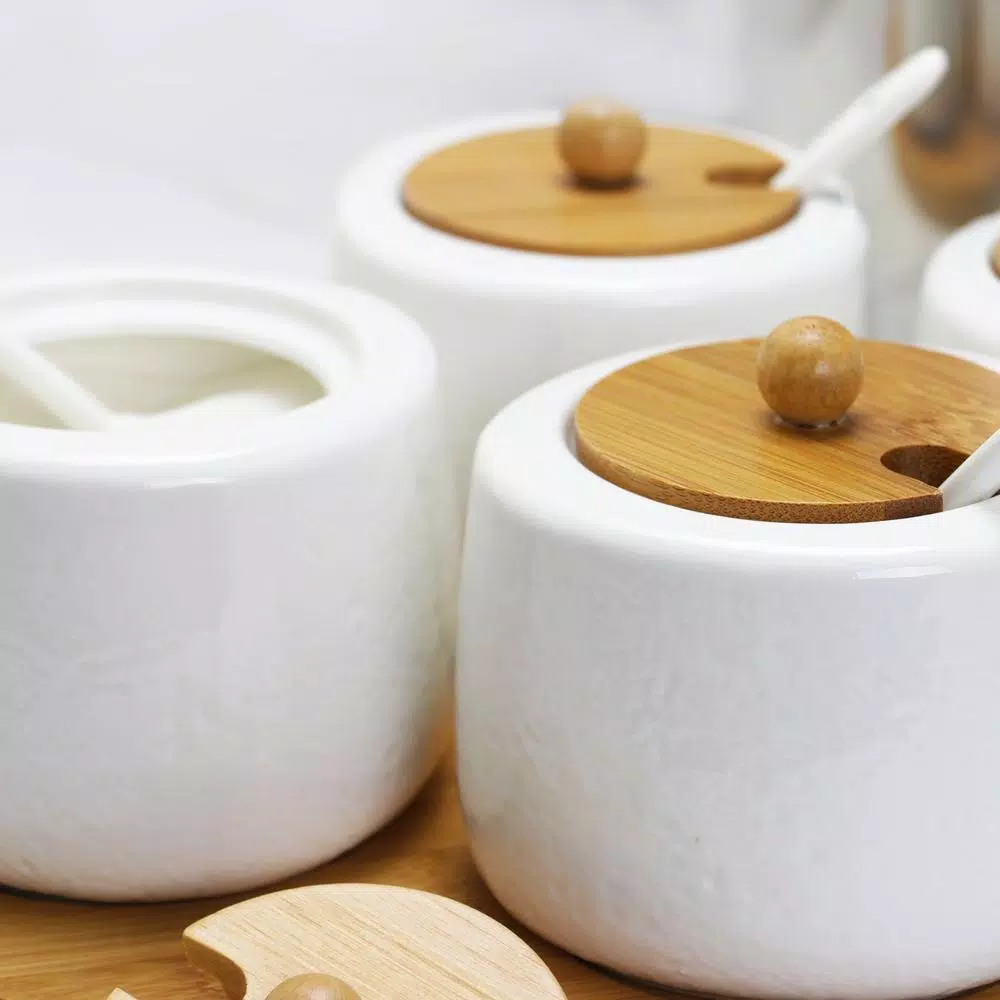 Elama Ceramic Condiment Jar Set with Bamboo Lids, Serving Spoons & Tray - 13 Piece White Set