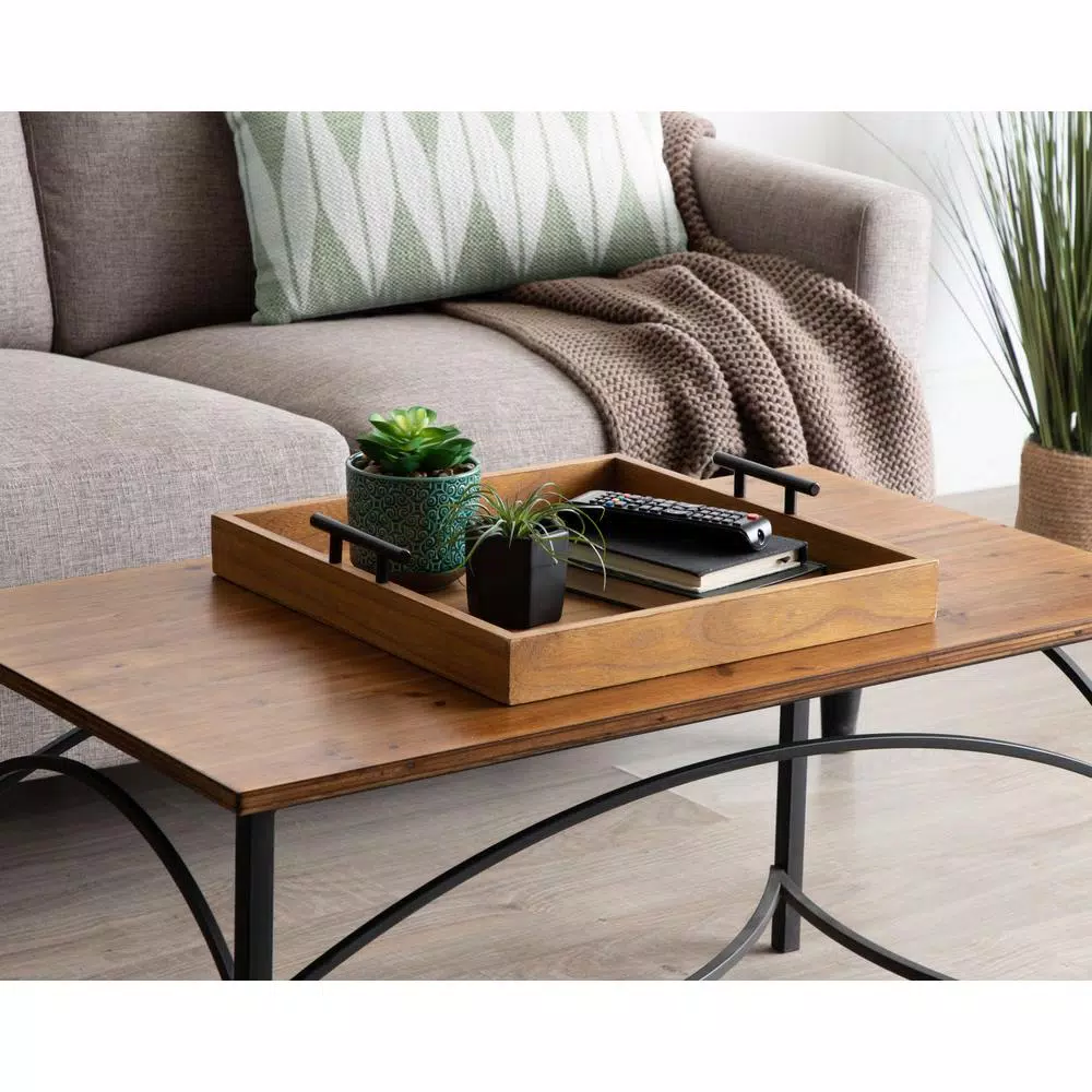 Kate and Laurel Lipton 16 in. Square Decorative Wood Tray with Black Metal Handles, Rustic Farmhouse Style