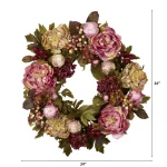 Nearly Natural 24 in. Red Peony Hydrangea Wreath with Berries and Greenery thumbnail 6