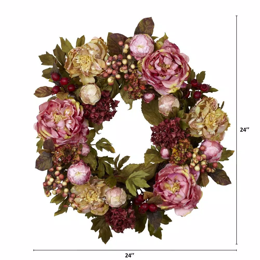 Nearly Natural 24 in. Red Peony Hydrangea Wreath with Berries and Greenery