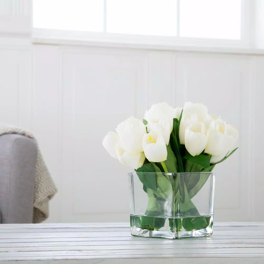 Pure Garden 8.5 in. Cream Tulip Floral Arrangement in Square Glass Vase