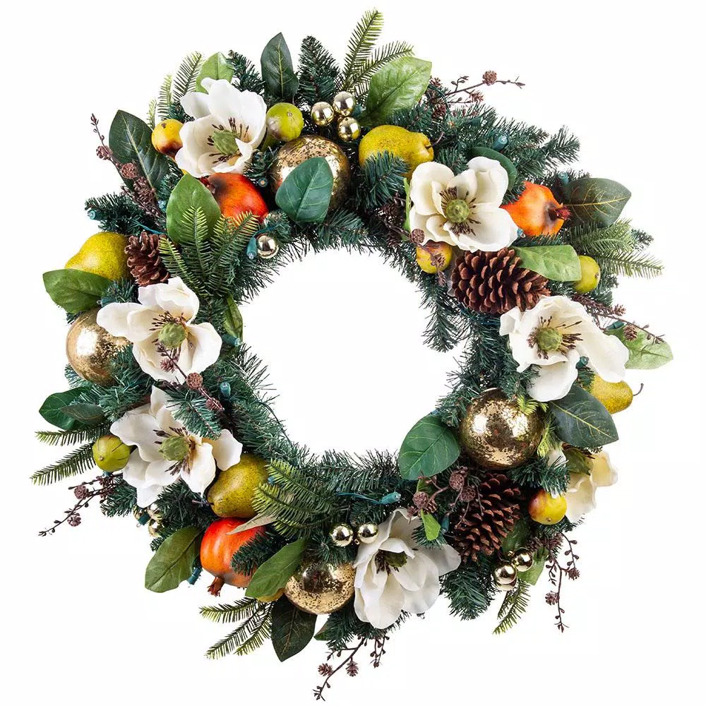 Village Lighting Company 30 in. Pre-Lit LED Magnolia Orchard Christmas Wreath with Warm White Lights
