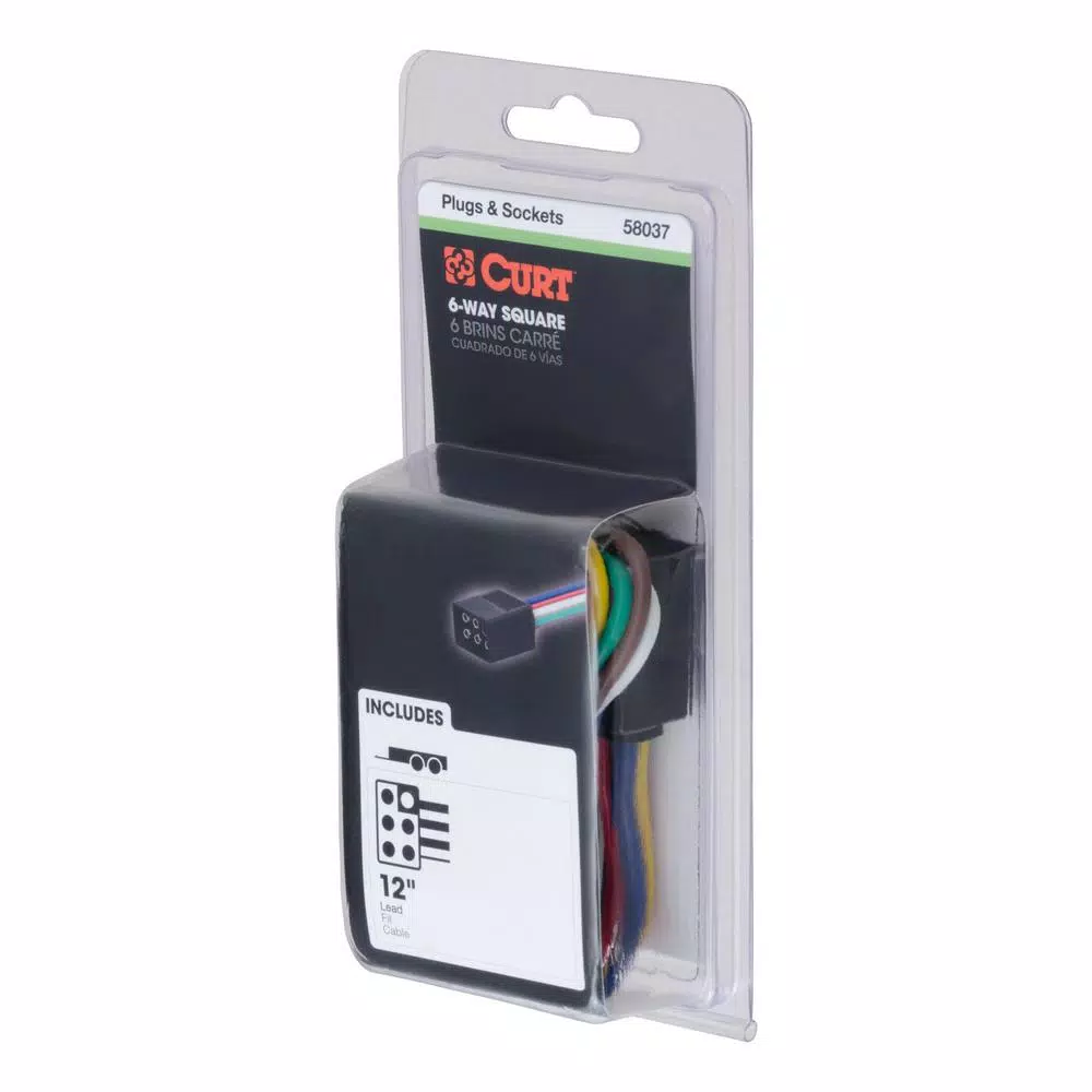 CURT 6-Way Square Trailer Side Connector Plug with 12" Color-Coded Wires