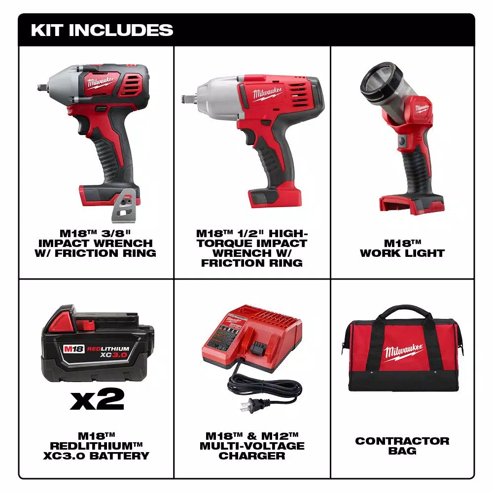 Milwaukee M18 18V Lithium-Ion Cordless 3-Tool Combo Kit with (2) 3.0 Ah Batteries, Charger, and Tool Bag