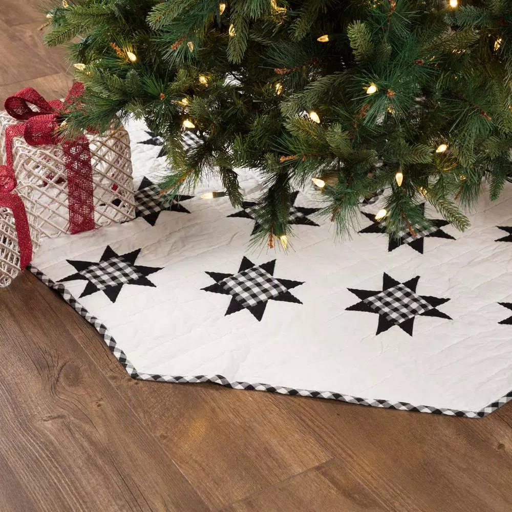 VHC Brands Emmie 55 in. Black and White Patchwork Christmas Tree Skirt - Hand-Quilted Cotton