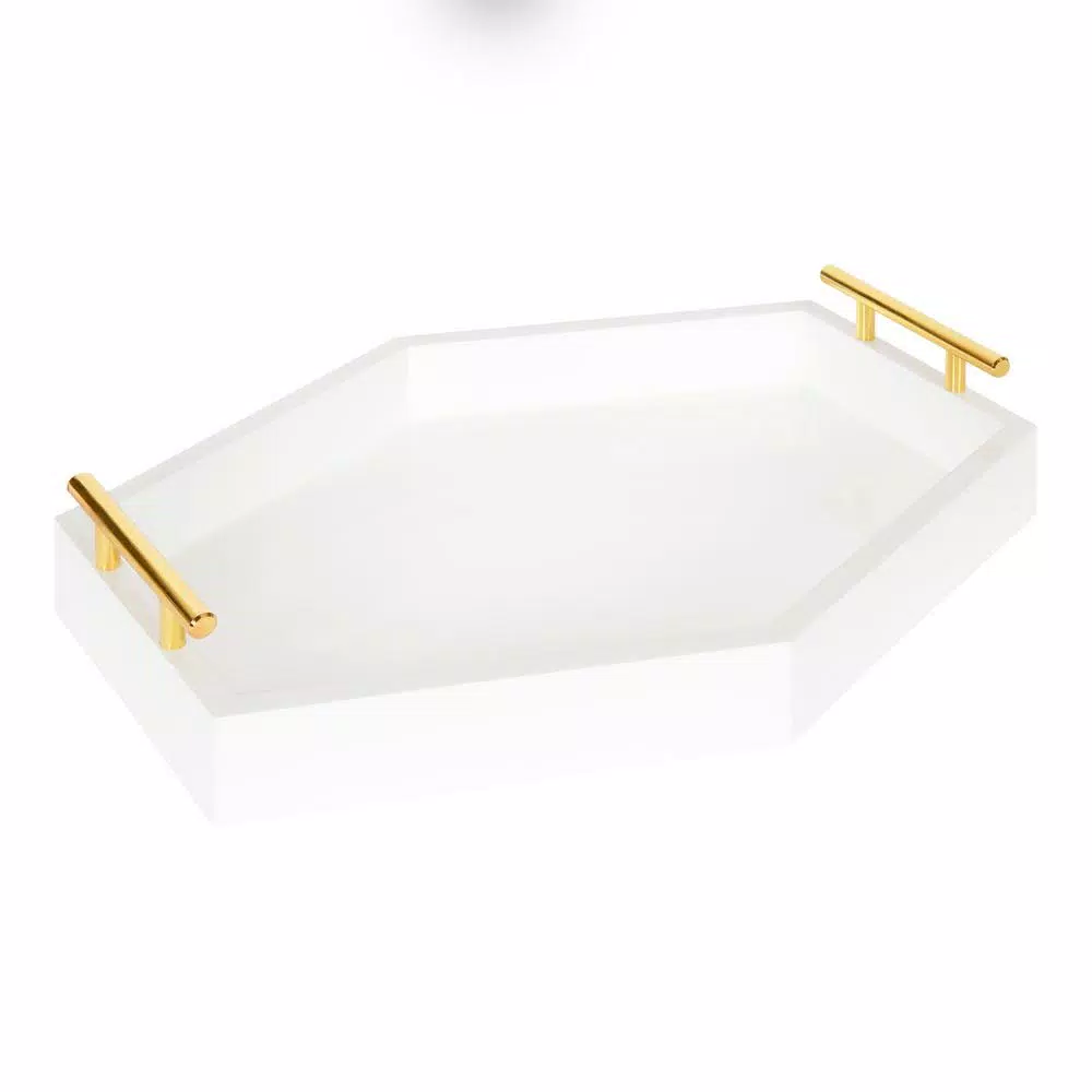 Kate and Laurel Lipton White Glossy Decorative Hexagon Tray with Gold Metal Handles