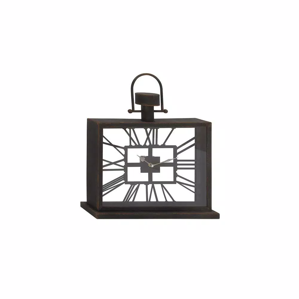 LITTON LANE 20 in. Black Iron and Clear Glass Horizontal Rectangular Table Clock
