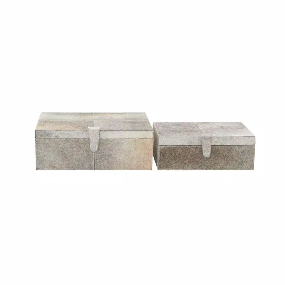 LITTON LANE Natural Reflections Gray Leather Hide Decorative Box Set of 2