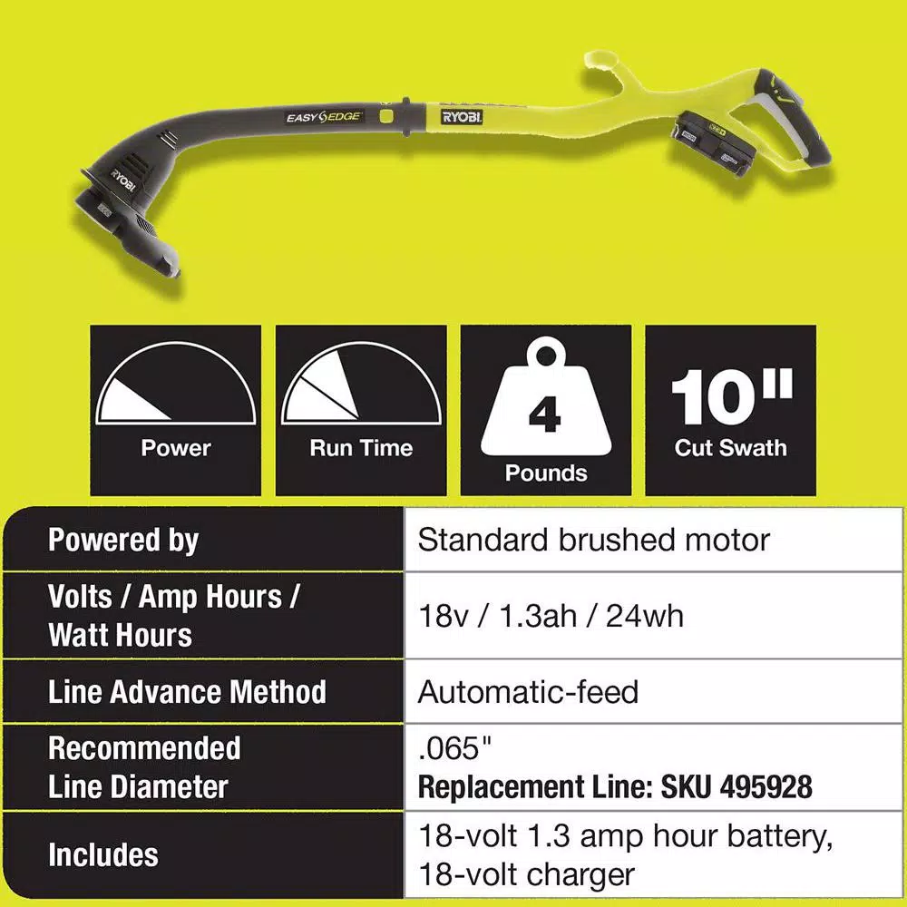RYOBI ONE+ 18V Cordless String Trimmer and Edger with 1.3 Ah Battery and Charger