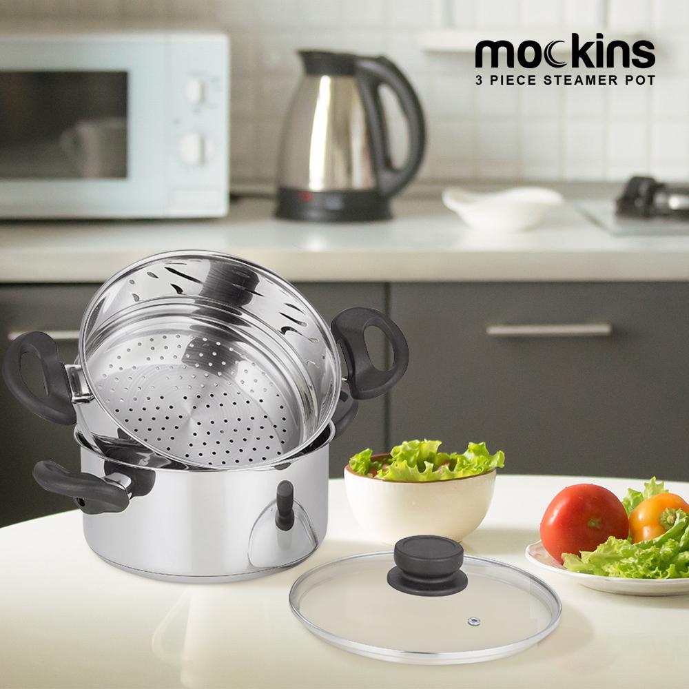 Mockins 3-Piece Stainless Steel Steamer Pot Set with 3 Qt. Saucepot and 2 Qt. Steamer Insert