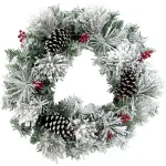 Fraser Hill Farm 24 in. Artificial Christmas Wreath with Snow Flocking, Pinecones, and Red Berries thumbnail 1