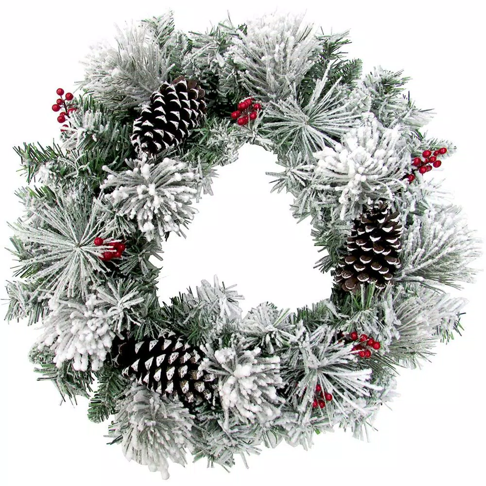 Fraser Hill Farm 24 in. Artificial Christmas Wreath with Snow Flocking, Pinecones, and Red Berries