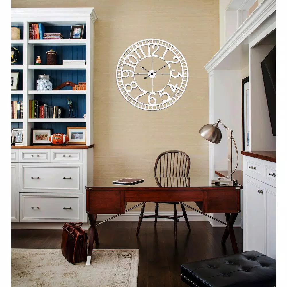 Utopia Alley Manhattan Industrial 32" Oversized Wall Clock, White Distressed Metal, Analog Quartz Movement
