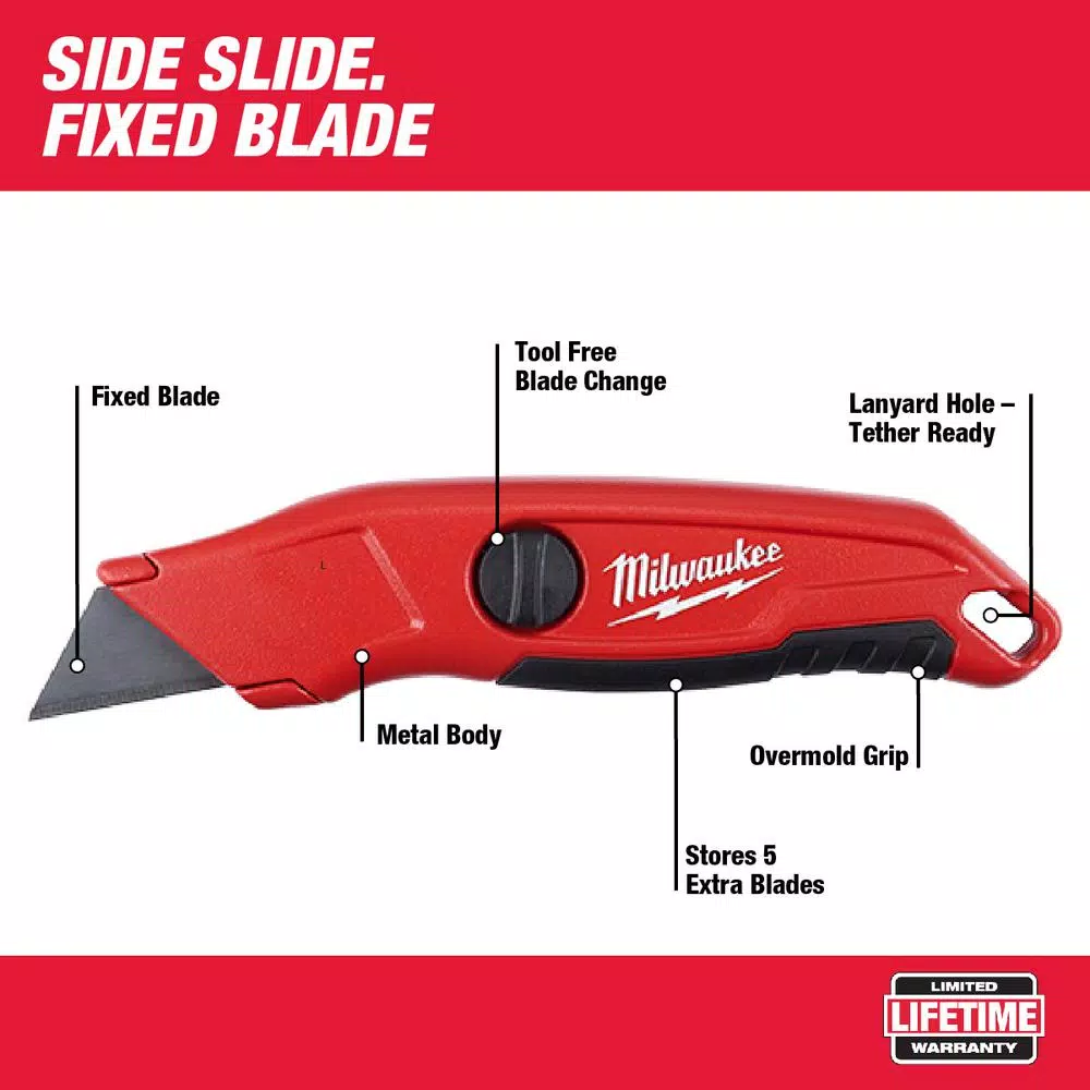 Milwaukee Fixed Blade Utility Knife with Tool-Free Blade Change and Onboard Storage