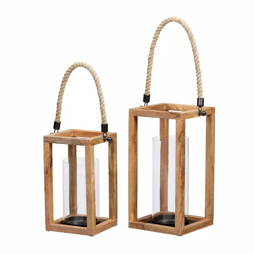 StyleWell Natural Mango Wood Candle Lanterns with Rope Handle, Set of 2