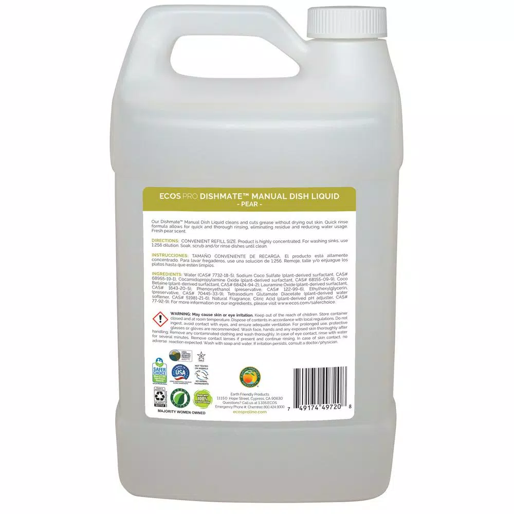 ECOS Pro Dishmate Manual Dishwashing Liquid, Pear Scent, 128 oz.