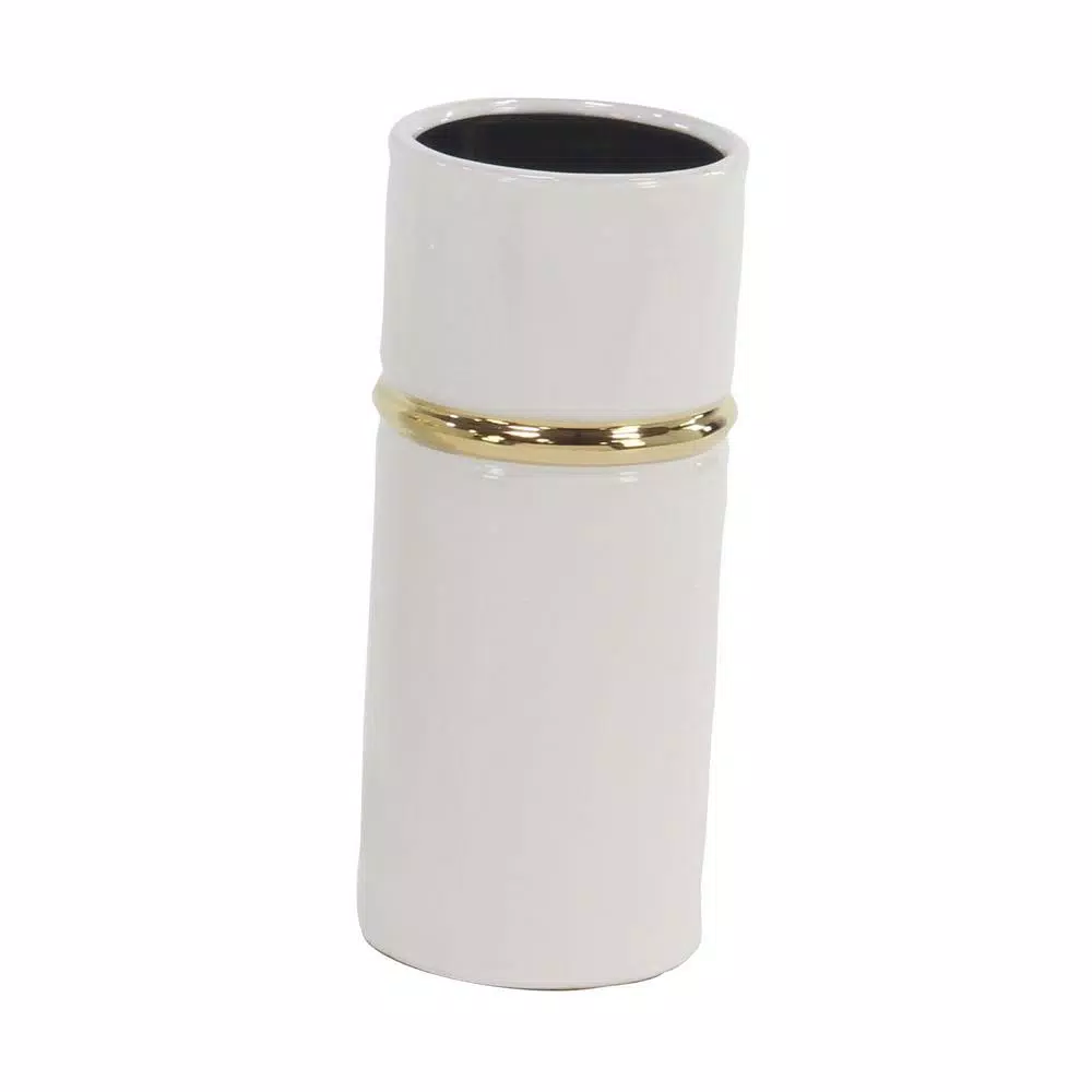 LITTON LANE White Ceramic Decorative Vase Set of 3 with Gold Lining Detail, Modern Cylinder Design