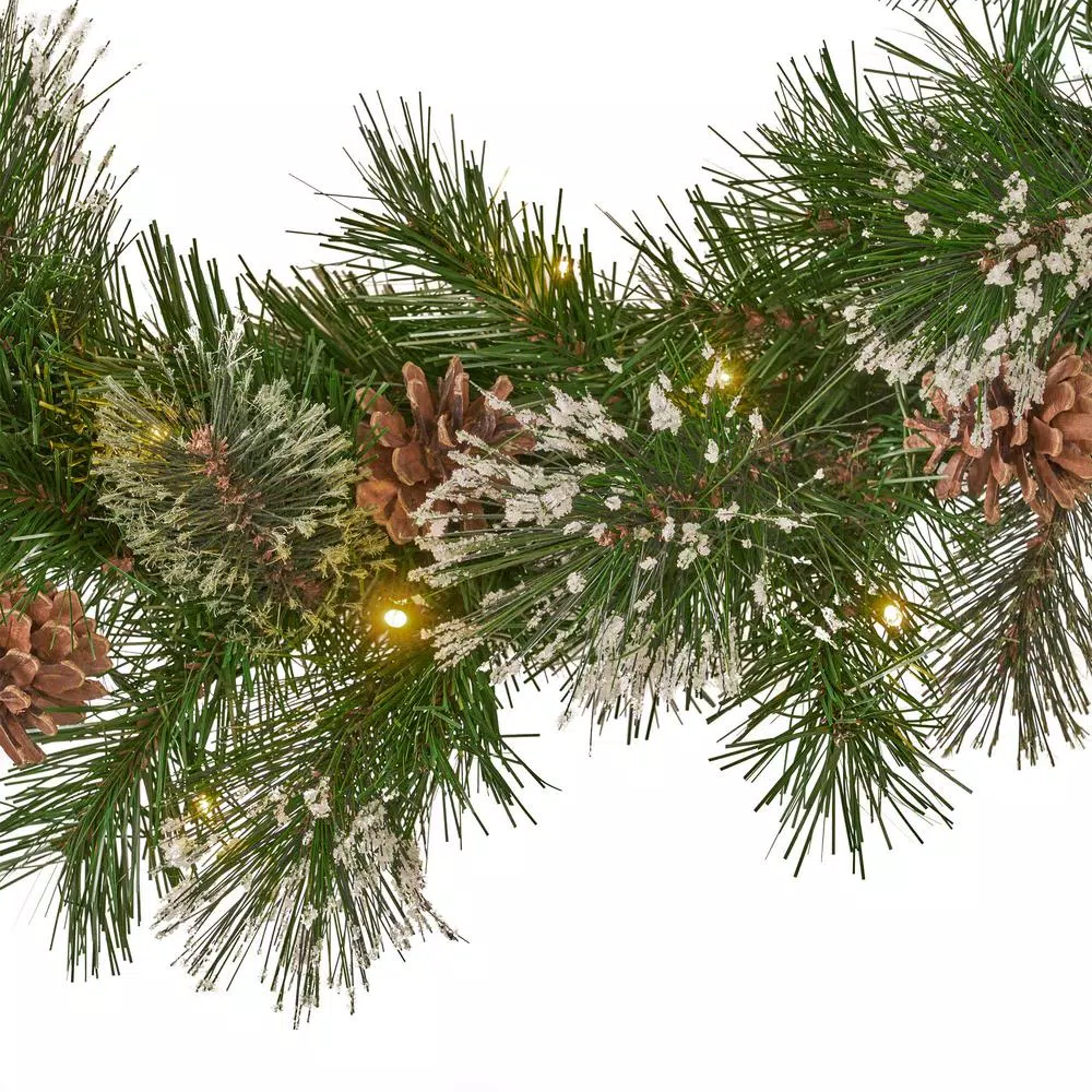 Noble House 9 ft. Cashmere Pine Pre-Lit LED Artificial Christmas Garland with Snowy Branches and Pinecones