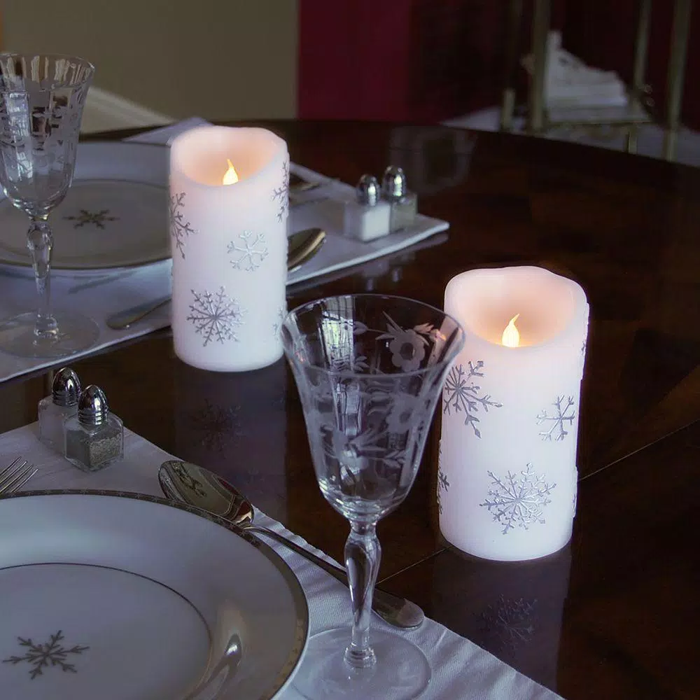 LUMABASE 6 in. Silver Snowflake Flameless LED Pillar Candles, Set of 2