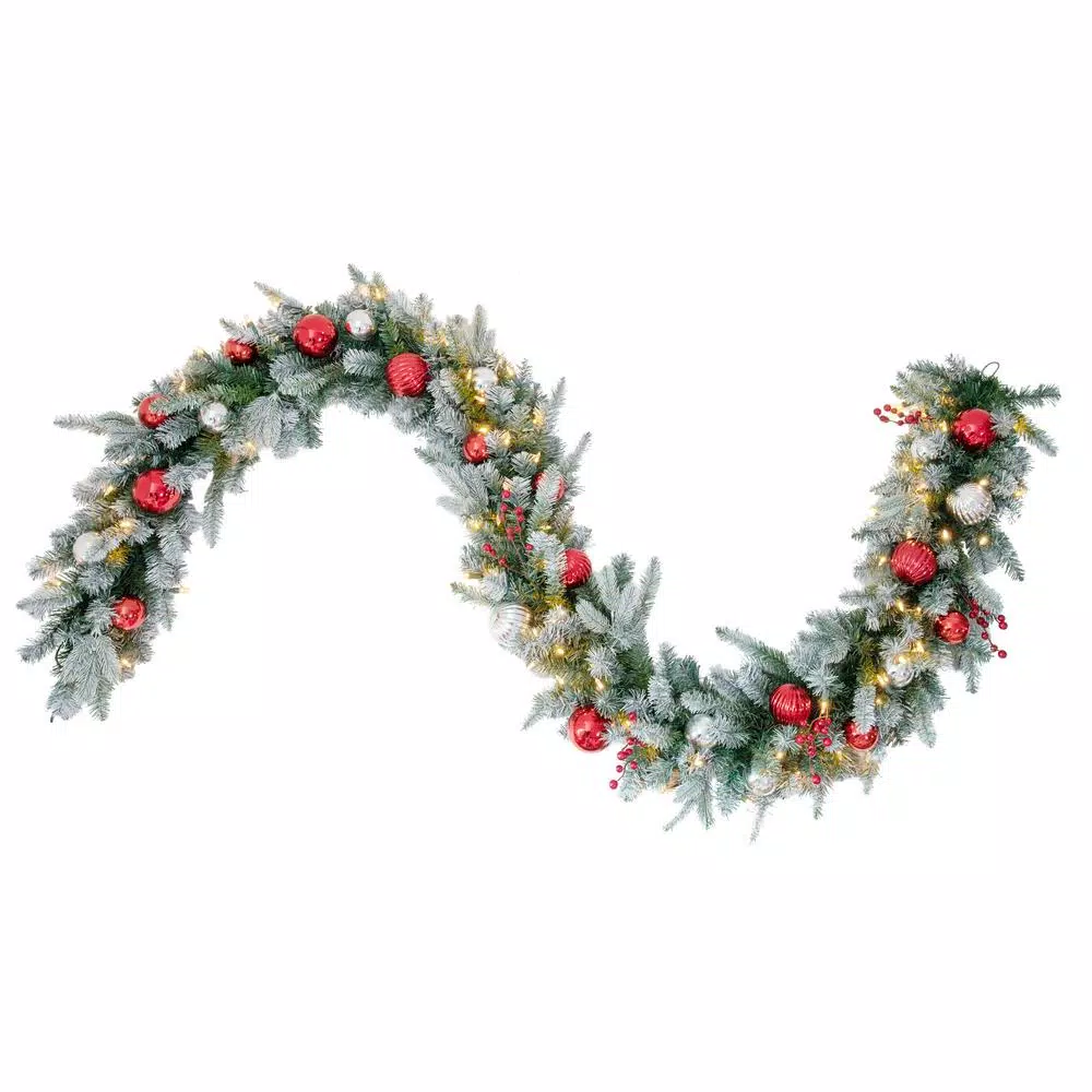 Haute Decor 9 ft. Pre-Lit LED Artificial Frosted Christmas Garland with Red & Silver Ornaments