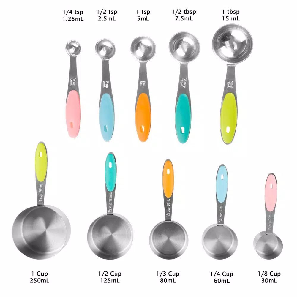 Classic Cuisine 10-Piece Stainless Steel Measuring Cups and Spoons Set with Silicone Handles