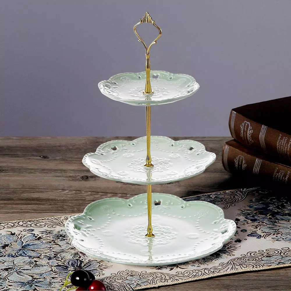 MALACASA 3-Tiered Green Porcelain Cupcake Tower Stand, Round Dessert & Cake Serving Stand