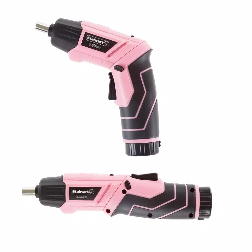 Stalwart 45-Piece Cordless Pivoting Screwdriver Set with 3.6V Lithium Battery and Carrying Case - Pink