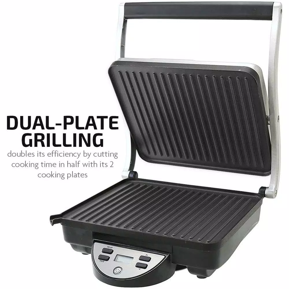 Ovente GP1000BR 1500W Brushed Nickel Non-Stick 4-Slice Panini Press & Gourmet Sandwich Maker