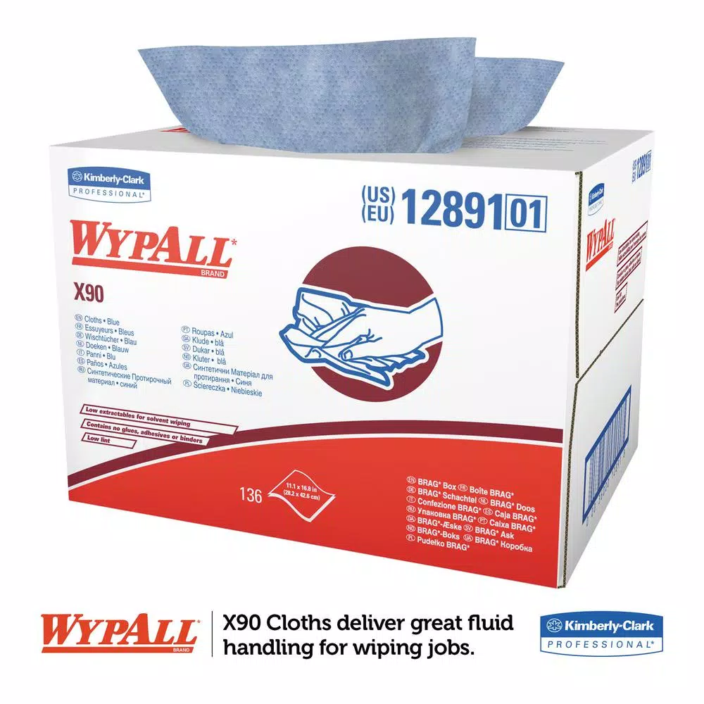 WYPALL X90 Blue Cloths Brag Box, 136-Count High Fluid Capacity Wipes