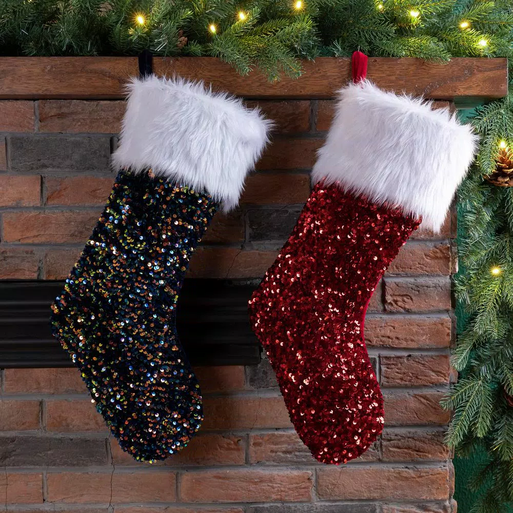Glitzhome 21 in. Sequin Christmas Stockings with Faux Fur Cuff, Set of 2 (Red and Blue)