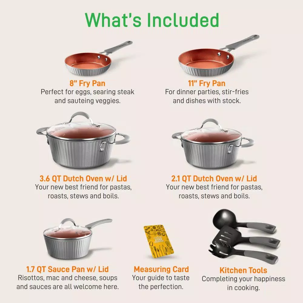 NutriChef 11-Piece Aluminum Nonstick Cookware Set with Gold Lines