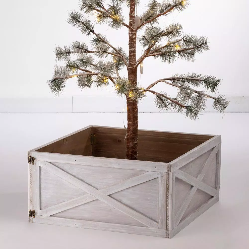 Glitzhome 22.09 in. Washed White Wooden Tree Collar - Rustic Farmhouse Christmas Tree Box