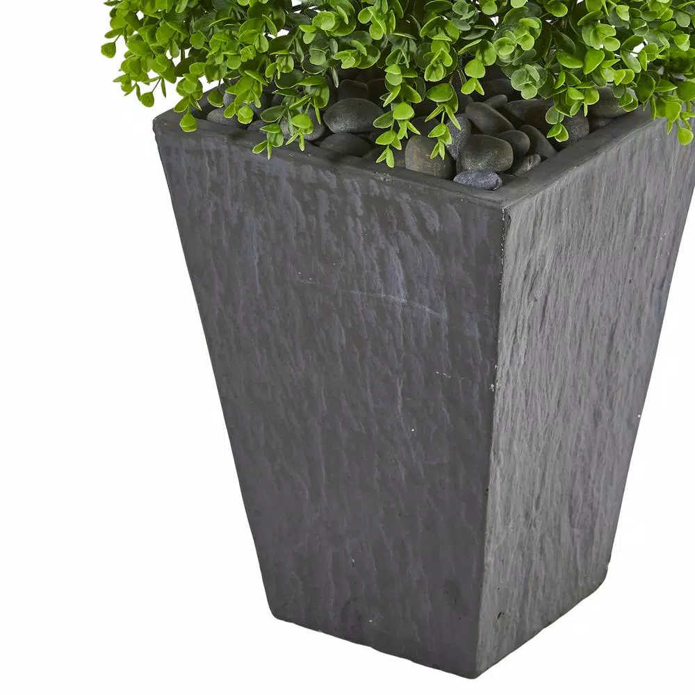 Nearly Natural 57 in. Artificial Eucalyptus Topiary Tree with Slate Planter, UV-Resistant Indoor/Outdoor Decor